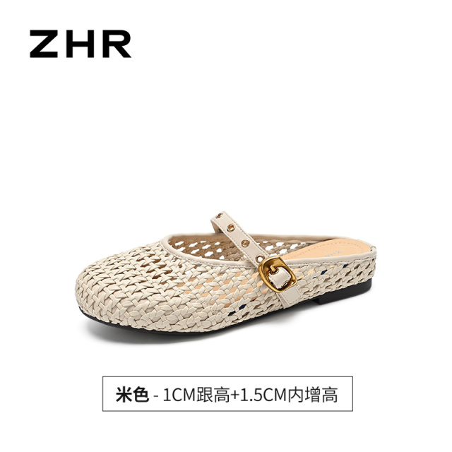 13758084.【ZHR则则】穆勒拖鞋圆头网面套脚平底女鞋[猪皮软垫]