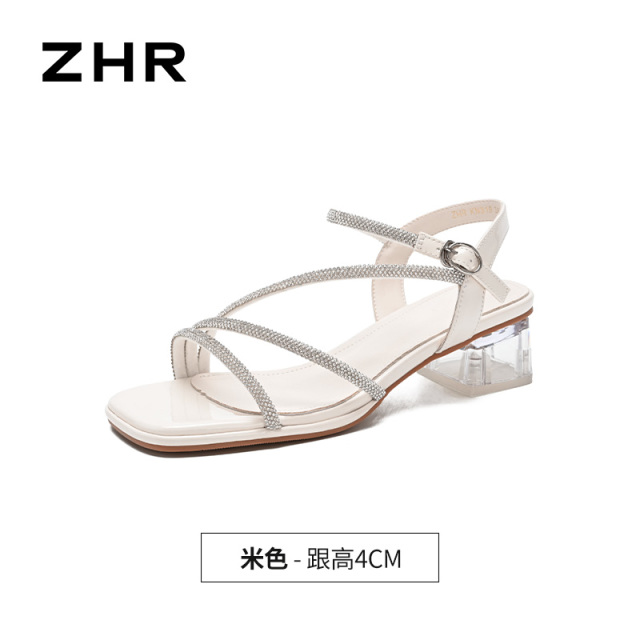 13496909.【ZHR则则】粗跟凉鞋露趾搭扣粗跟女鞋[银色：PU+镜面PU； 米色：绒布+镜面PU]