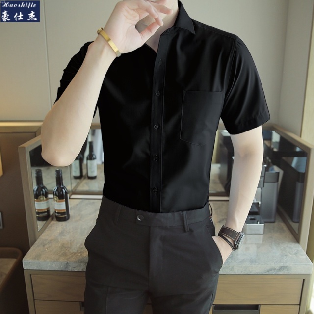 13502714.休闲商务修身免烫短袖衬衫男士夏季薄款寸衫中年白色衬衣男装