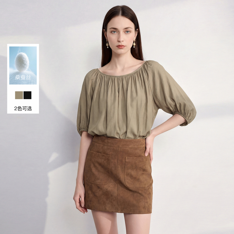13304250.三彩丽雪leisure2026夏季新款纯色小衫圆领五分袖宽松通勤女