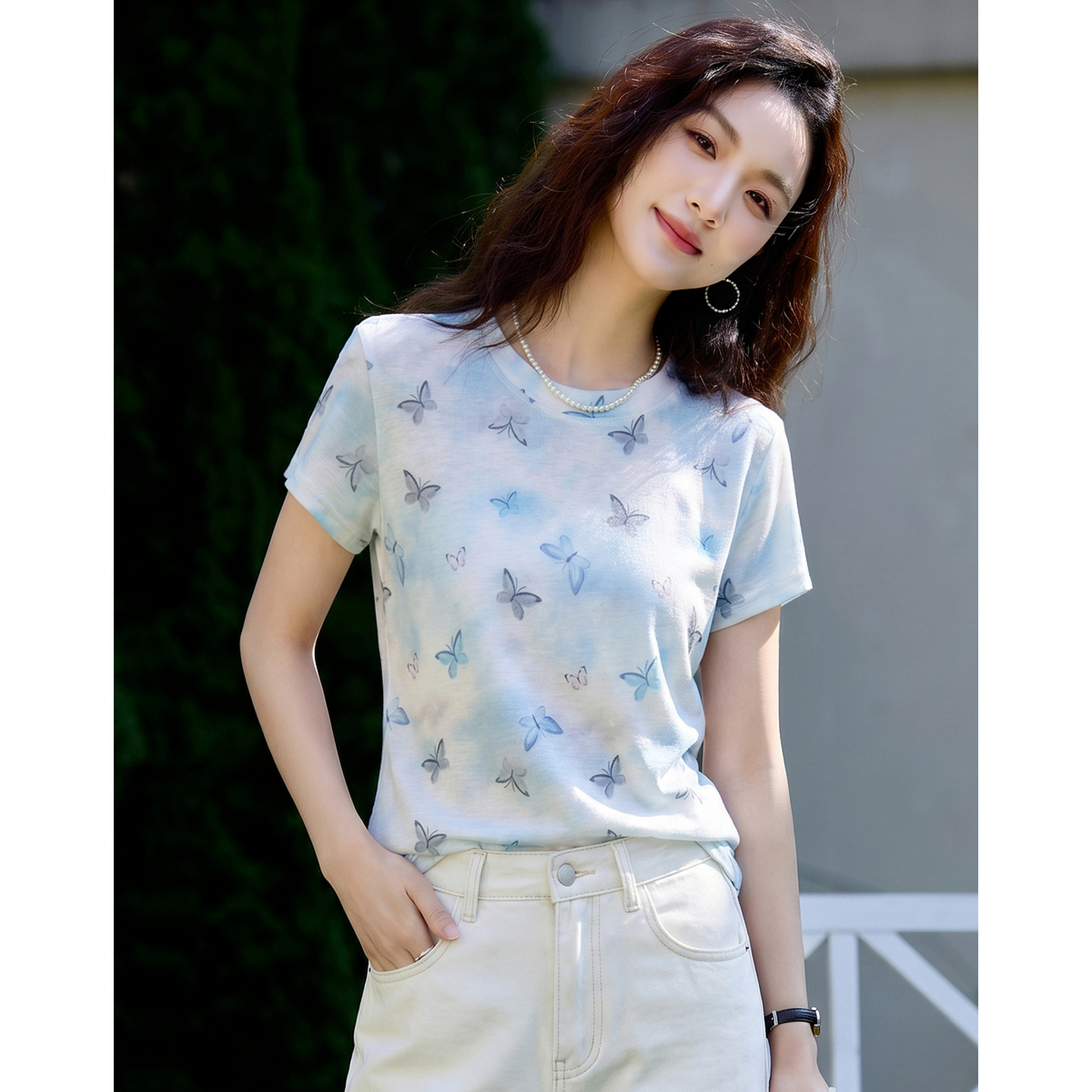 13497262.【蝴蝶晕染】夏季文艺甜美印花圆领短袖弹力显瘦舒适百搭女式t恤