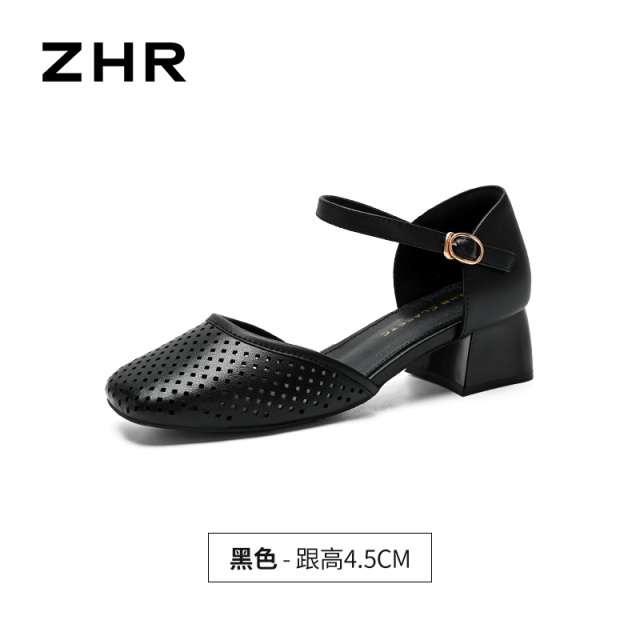 13758093.【ZHR则则】中空凉鞋方头透气搭扣粗跟女鞋[羊皮软垫]