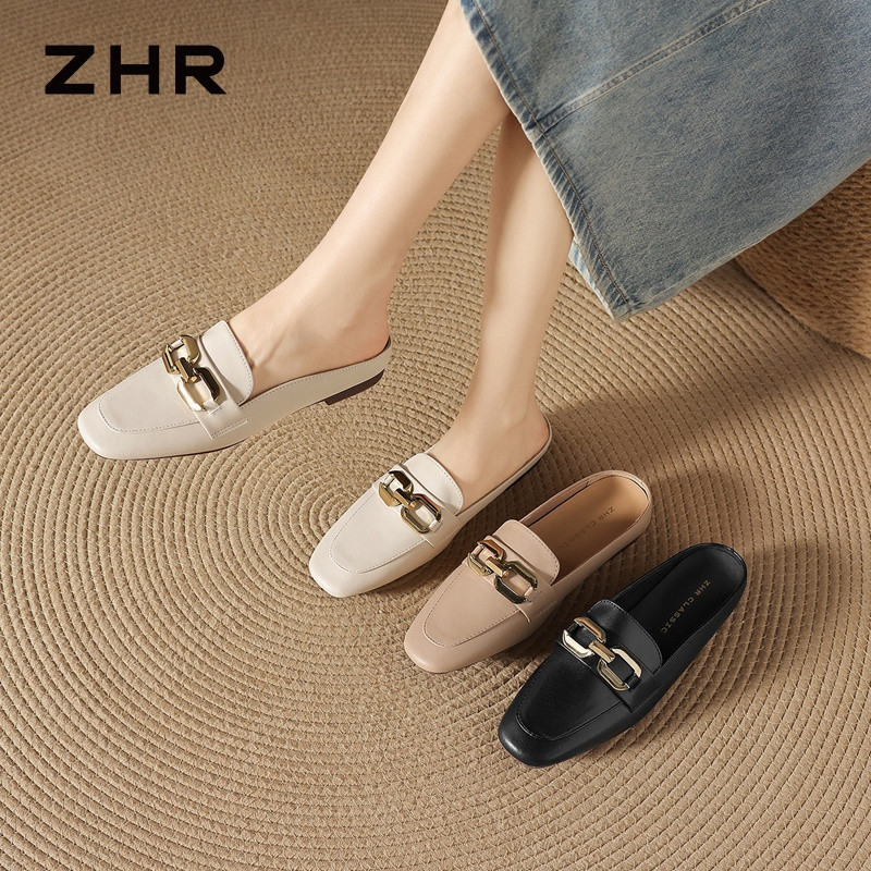 13496879.【ZHR则则】穆勒拖鞋方头套脚平底女鞋[牛剖层移模革）]