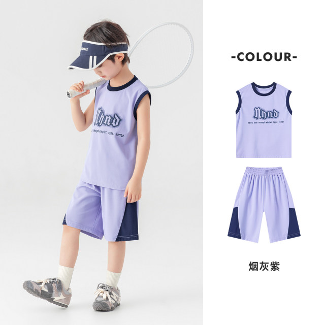 13505803.男童运动背心套装夏季户外冰感防晒无袖T恤短裤儿童篮球服两件套
