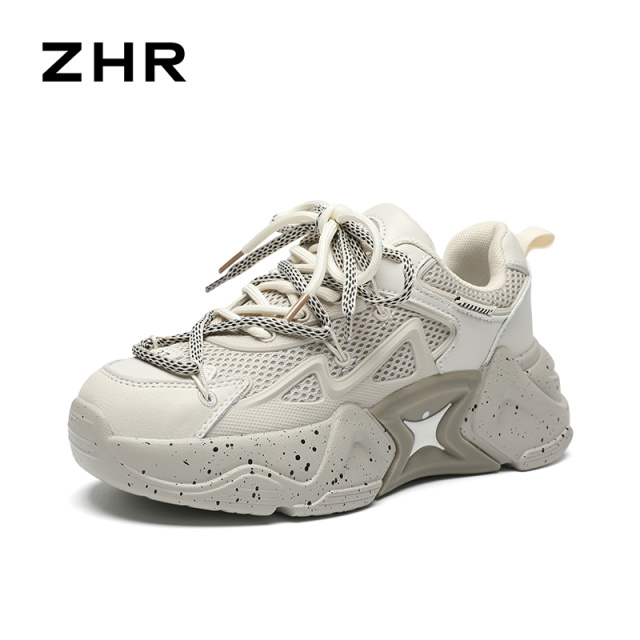 13844586.【ZHR则则】老爹鞋圆头系带泼墨厚底女鞋[网布+KPU+PU]