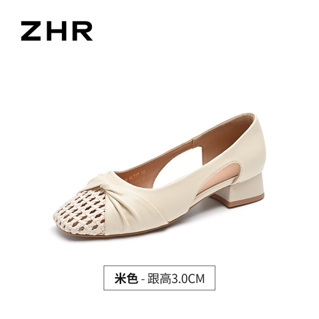 13680130.【ZHR则则】粗跟浅口方头镂空套脚粗跟女鞋[PU]