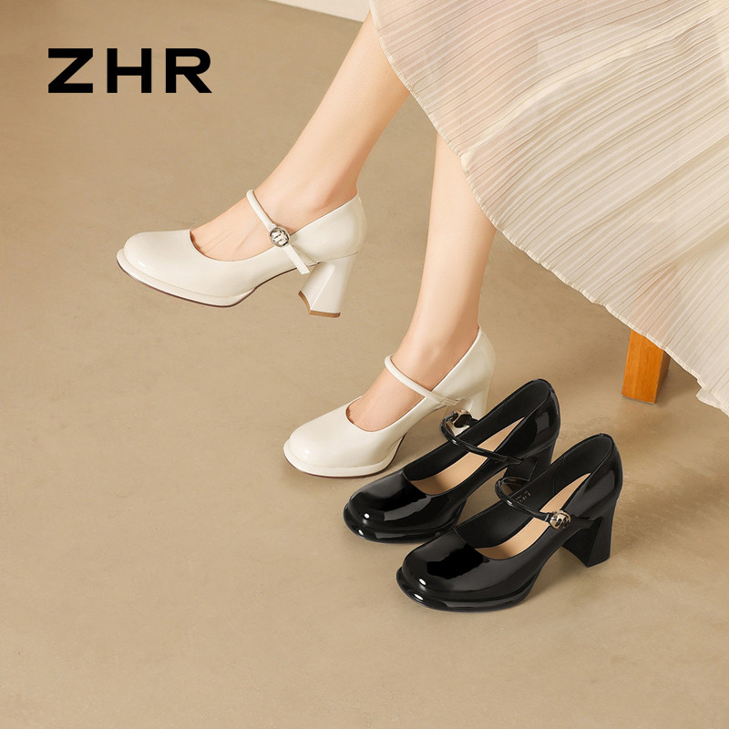 13496843.【ZHR则则】粗跟玛丽珍鞋圆头套脚粗跟女鞋[羊皮软垫]
