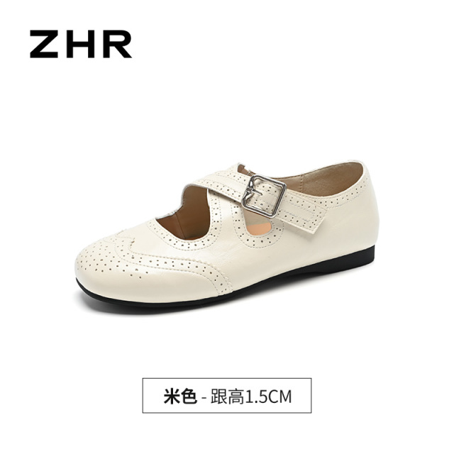 13676792.【ZHR则则】平底玛丽珍鞋圆头布洛克套脚平底女鞋[PU]