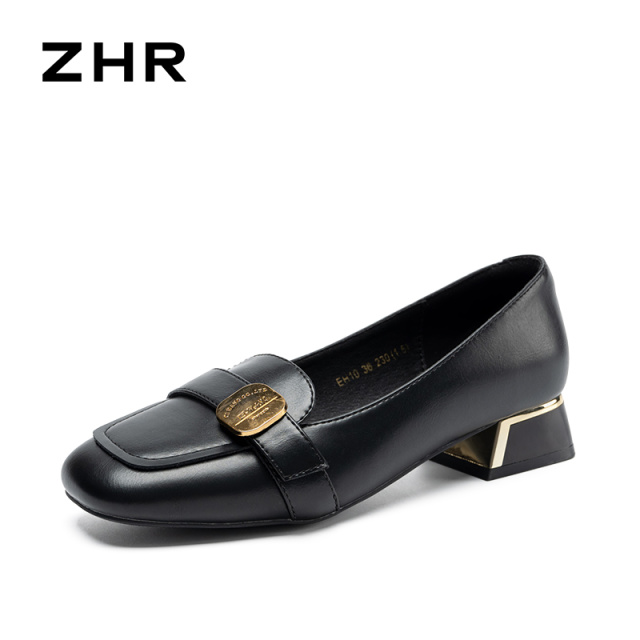 13676787.【ZHR则则】粗跟乐福鞋方头金属扣套脚粗跟女鞋[PU]