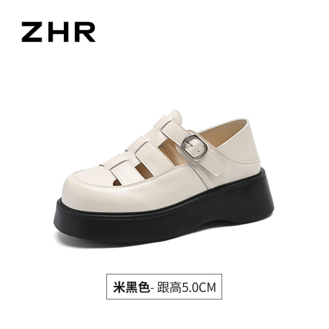 13496793.【ZHR则则】罗马凉鞋圆头魔术贴厚底女鞋[牛剖层移膜革]