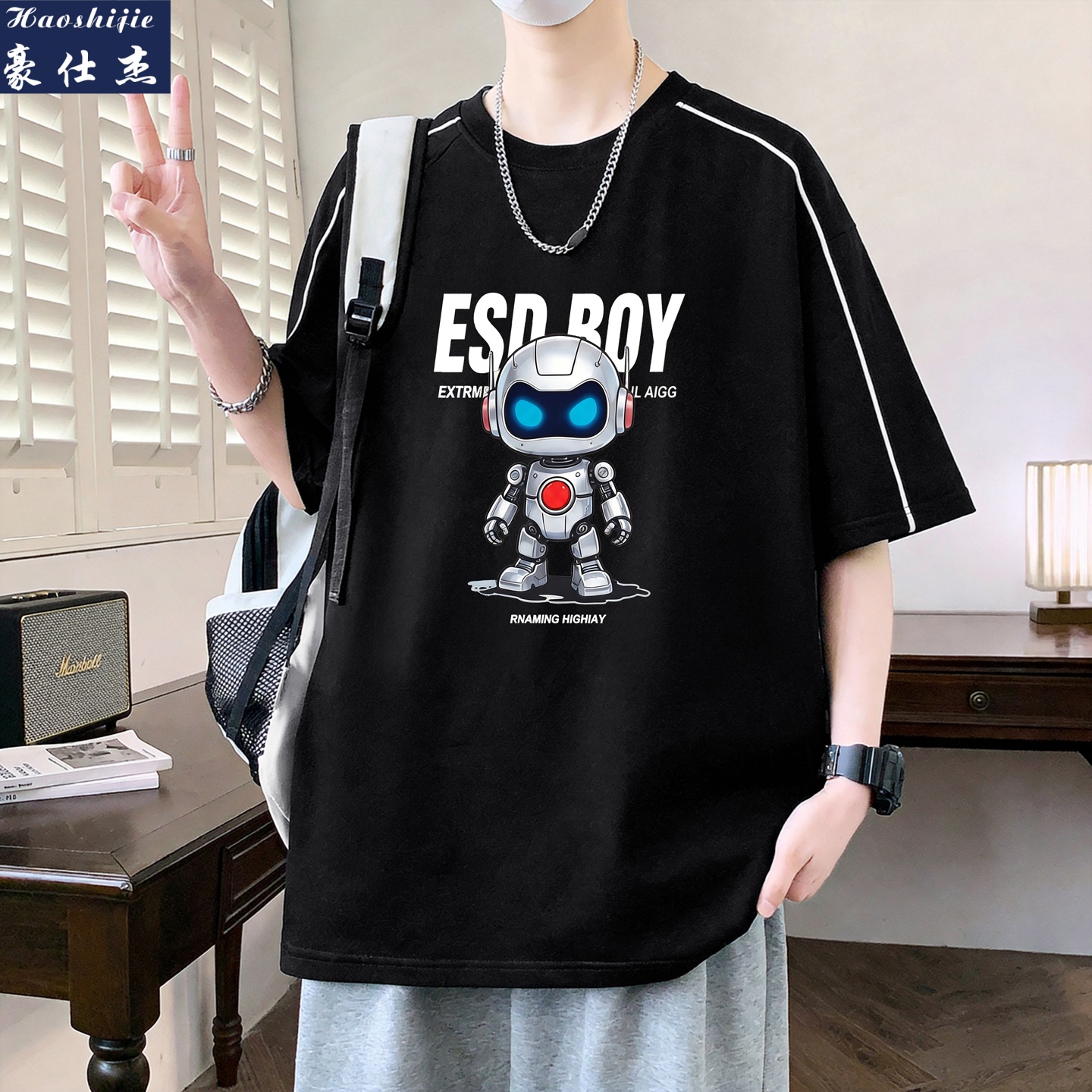 13502741.《简约潮流》夏季青少年薄款圆领体恤宽松美式相条潮牌纯棉短袖T恤