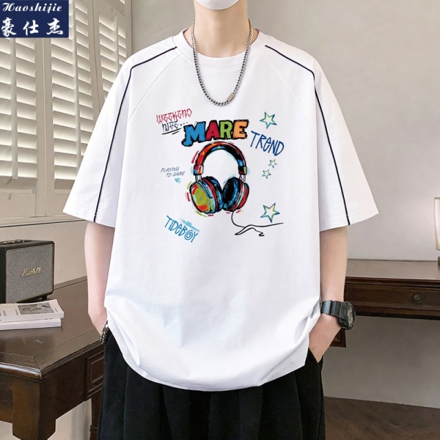 13502743.《舒适透气》夏季青少年宽松美式相条潮牌薄款纯棉圆领短袖T恤