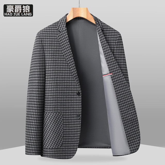 13502782.千鸟格西装外套男春秋时尚新款中年商务休闲西服单件免烫上衣