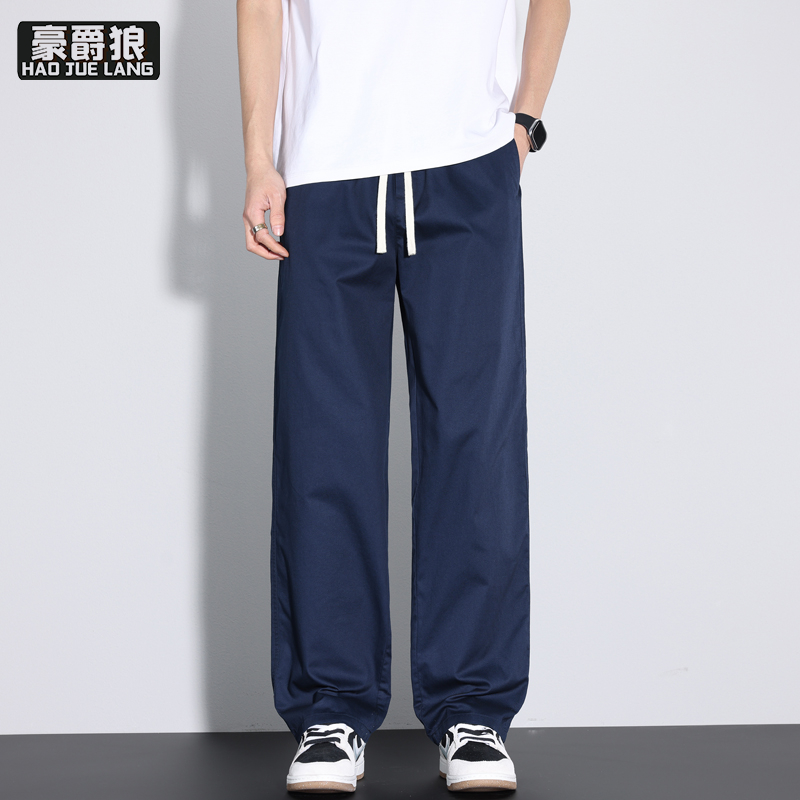 13502761.【100%纯棉】男士抽绳直筒休闲裤时尚夏季新款宽松松紧腰长裤