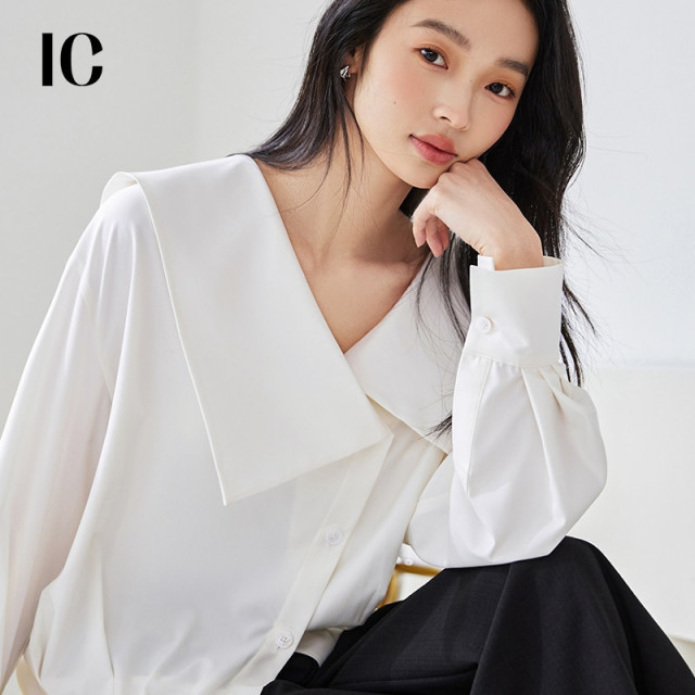13506110.春日通勤白色衬衫宽松新款衬衣女修身气质设计感休闲长袖上衣
