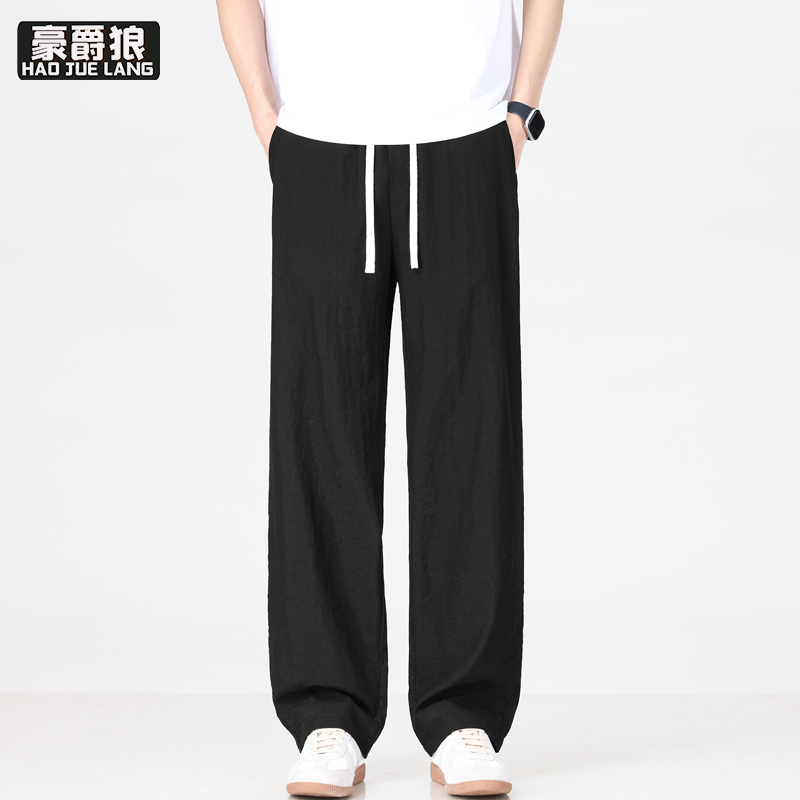 13502762.亚麻休闲裤男宽松直筒阔腿裤夏季天丝透气中高腰系带运动中年