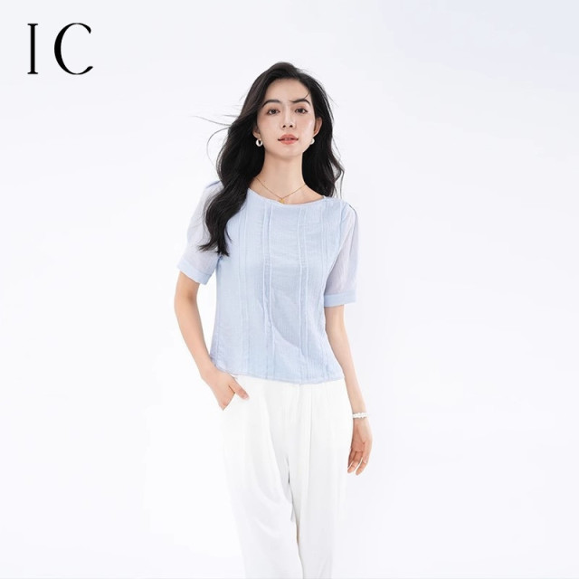 13506119.轻熟法式小众衬衣百搭圆领褶皱新款女夏季短袖休闲舒适上衣