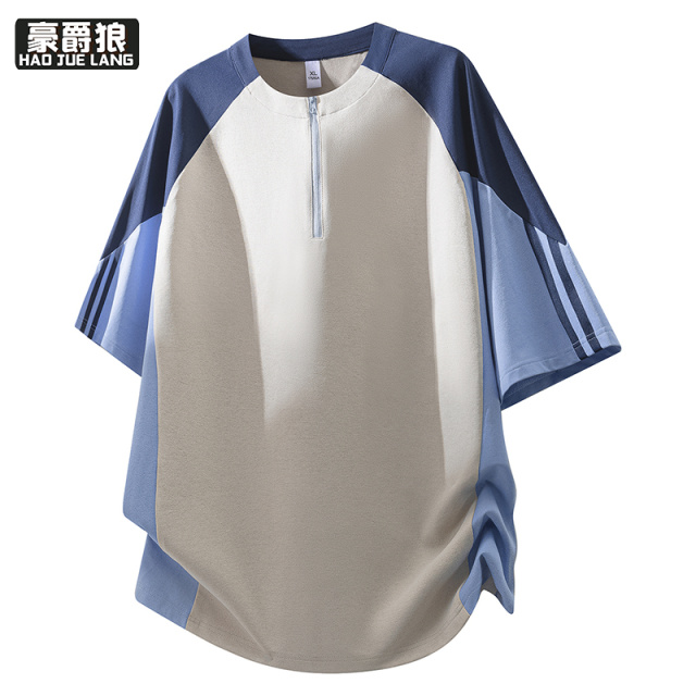 13502785.夏季薄拉链短袖T恤男圆领设计感小众青少年舒适痞帅高街运动体恤