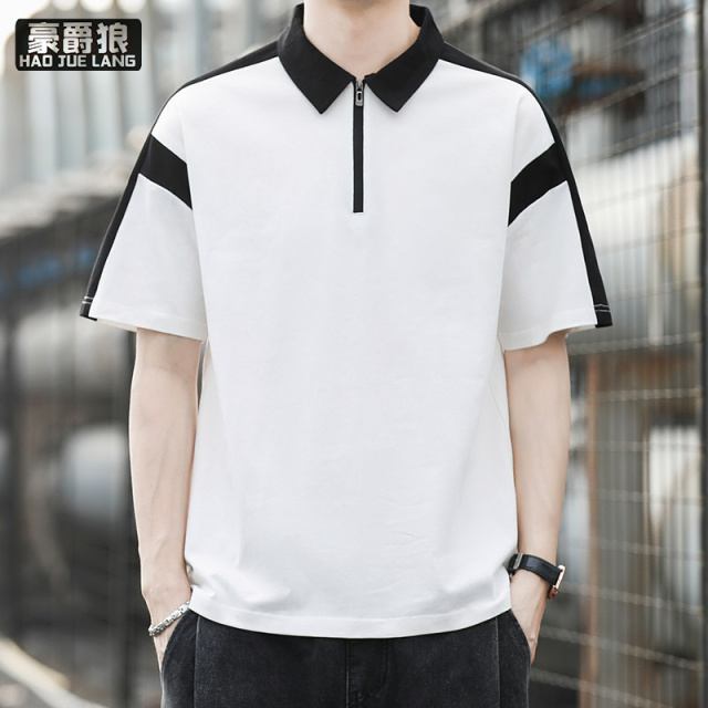 13502793.短袖t恤男polo衫男夏季设计感拉链套头拼接撞色翻领体恤男装半袖