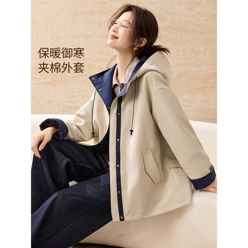 13503404.【MIU系拼接撞色风衣外套】一手长撞色设计连帽茧型派克2025秋新款