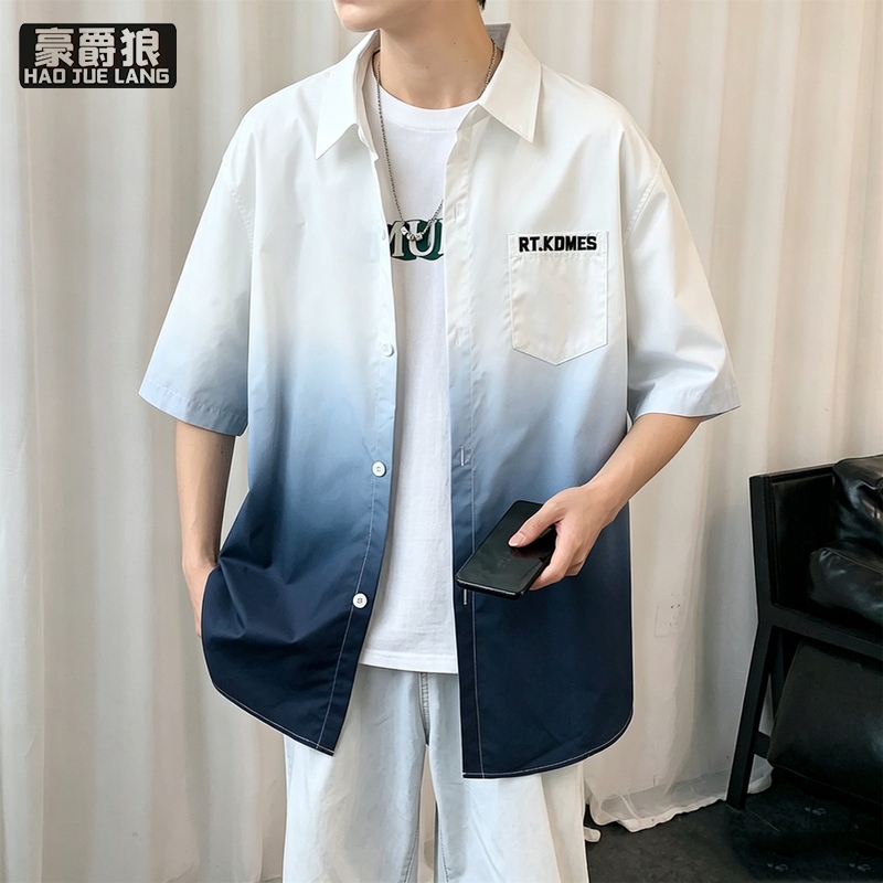 13502777.渐变色衬衫男短袖春夏季潮牌翻领宽松休闲上衣美式男士衬衣外套