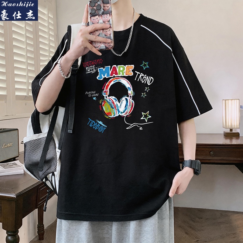 13502743.《舒适透气》夏季青少年宽松美式相条潮牌薄款纯棉圆领短袖T恤