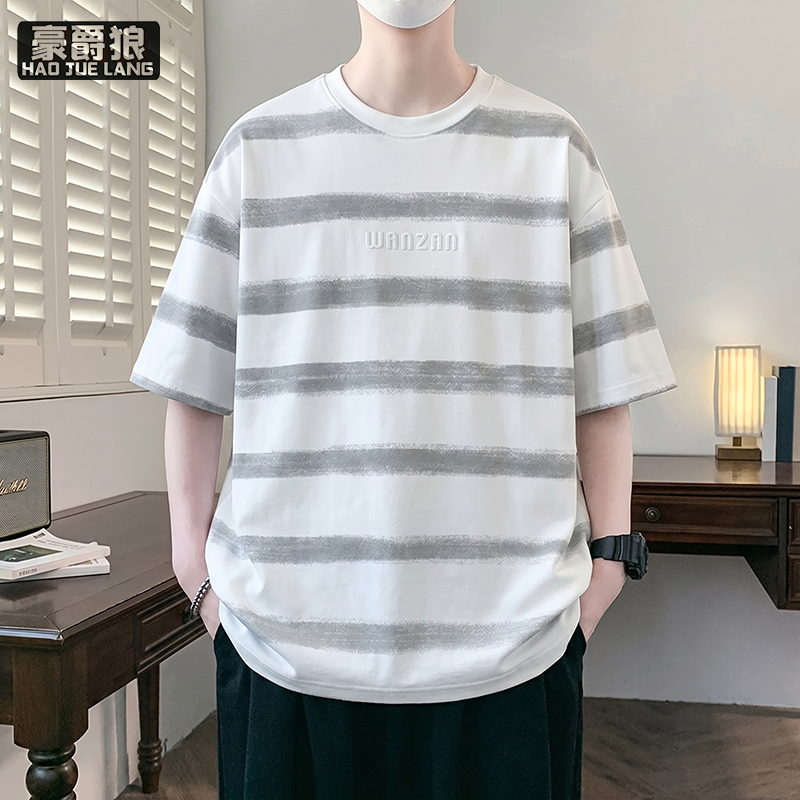 13502759.撞色条纹短袖T恤男款夏季薄款青少年宽松帅气冰丝棉初中学生半袖