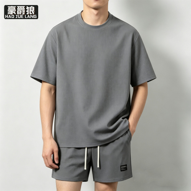 13502801.华夫格套装男夏季美式休闲运动短袖短裤两件套男生帅气搭配一整套