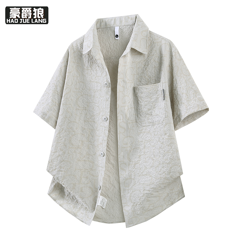 13502773.夏季衬衫男士短袖休闲百搭设计感泡泡格满印寸衫大码T恤翻领半袖