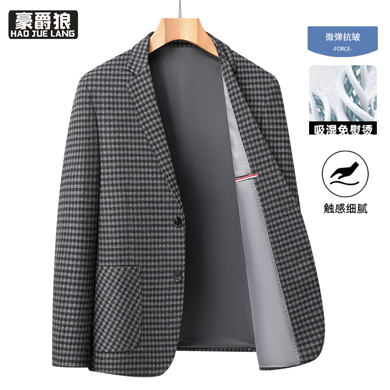 13502782.千鸟格西装外套男春秋时尚新款中年商务休闲西服单件免烫上衣
