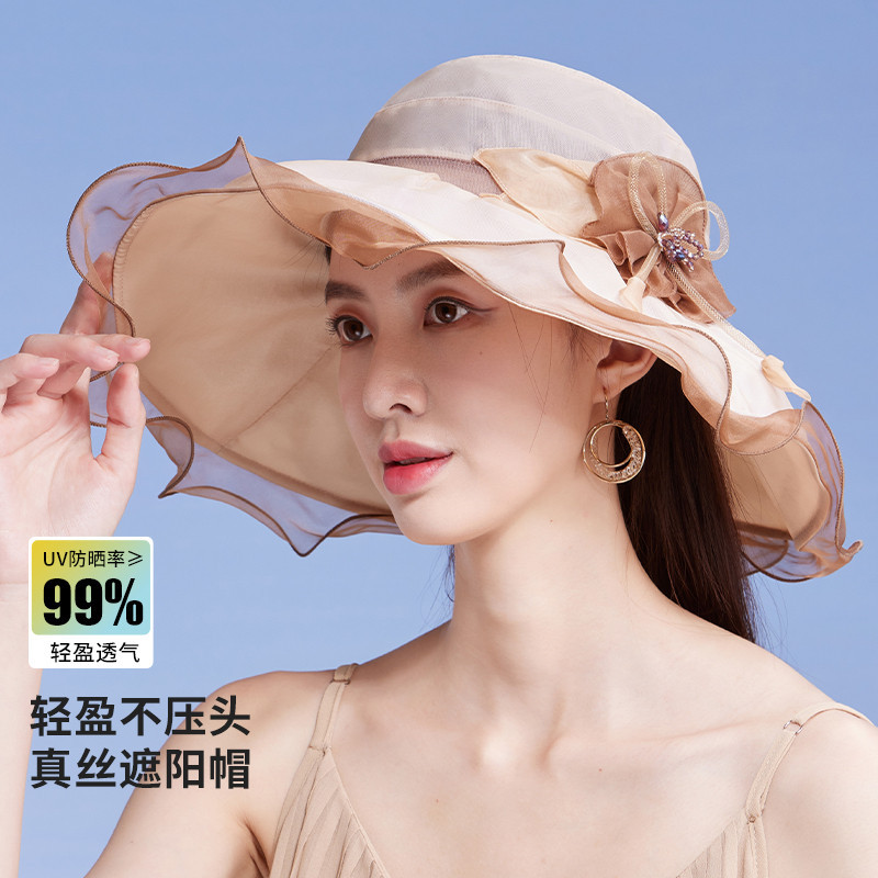 13532211.大帽檐【100%桑蚕丝】透气遮阳帽女夏季防晒帽子可折叠