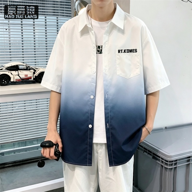 13502777.渐变色衬衫男短袖春夏季潮牌翻领宽松休闲上衣美式男士衬衣外套