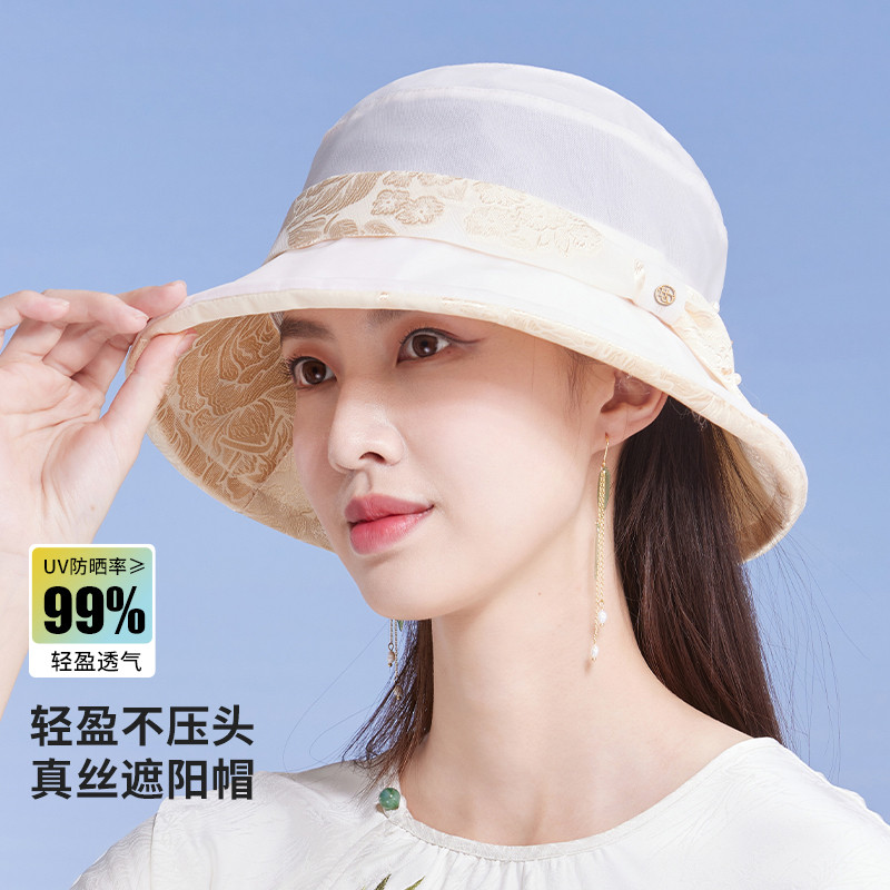 13532186.防紫外线100%桑蚕丝遮阳帽女夏季防晒帽子可折叠
