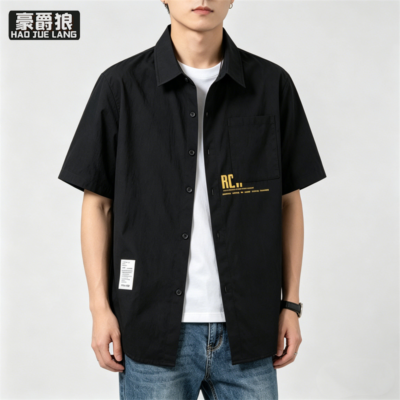 13502810.夏季薄款衬衫男短袖春夏款青年日系白寸衫潮牌男生上衣半袖外套
