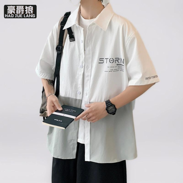 13502808.撞色冰丝短袖衬衫男夏季拼接宽松半袖衬衣青少年潮牌痞帅百搭外套