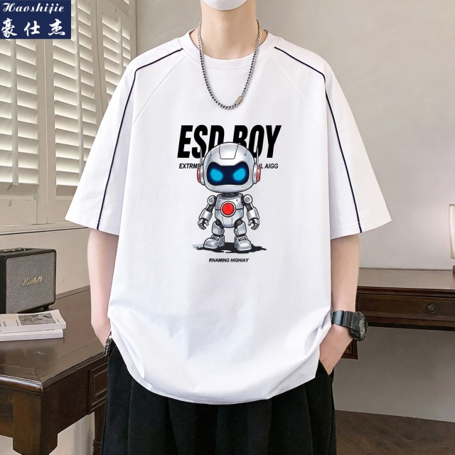 13502741.《简约潮流》夏季青少年薄款圆领体恤宽松美式相条潮牌纯棉短袖T恤