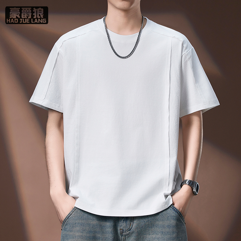 13502779.高端日系复古简约拼接短袖T恤男夏季潮牌重磅宽松圆领休闲体恤男