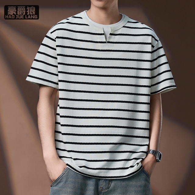 13502744.莫代尔冰丝假两件条纹短袖T恤男士夏季重磅日系冰氧棉半袖体恤衫