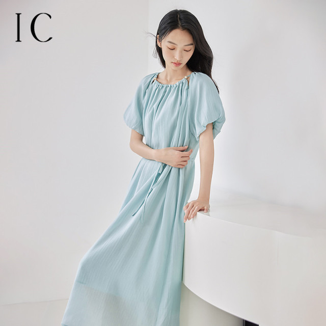 13506091.简约设计气质休闲高腰短袖连衣裙女2025新款夏季宽松通勤裙子