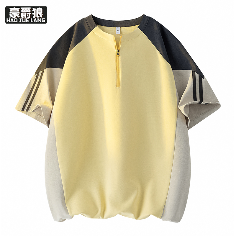 13502785.夏季薄拉链短袖T恤男圆领设计感小众青少年舒适痞帅高街运动体恤