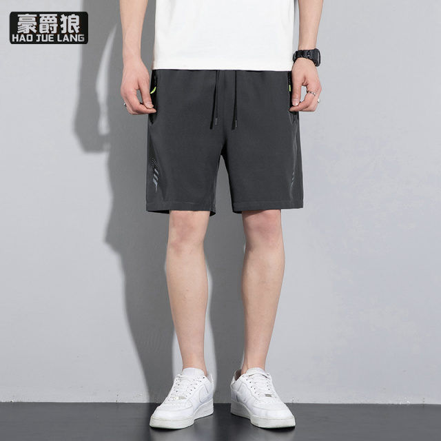 13502767.冰丝速干拉链短裤男士夏季超薄款潮流五分裤运动休闲外穿沙滩裤子