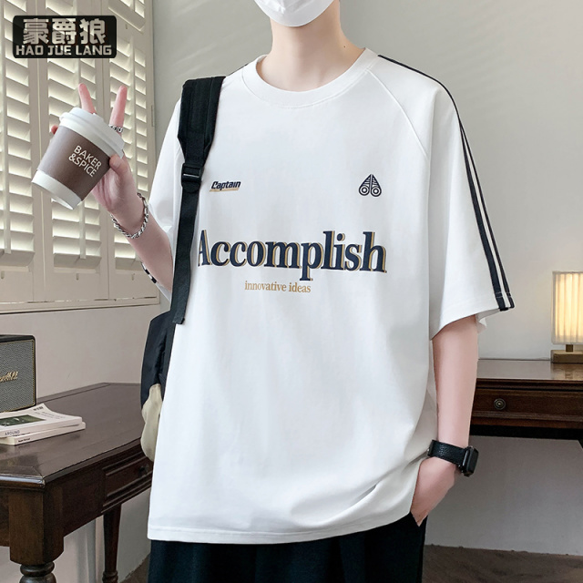 13502799.美式休闲运动风条纹短袖T恤男夏季字母印花宽松休闲百搭潮流上衣