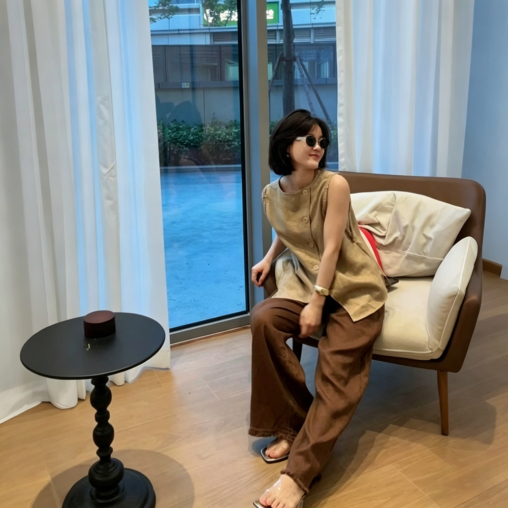 13505074.【雅薇吉】老钱风高端金丝亚麻无袖马甲背心+阔腿裤套装