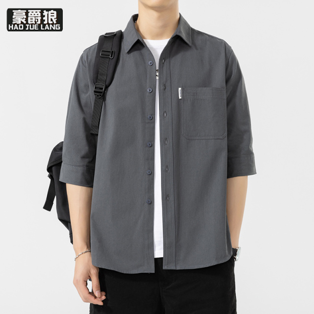 13502771.纯棉七分袖衬衫男士夏季薄款纯色休闲衬衣中袖上衣服潮流工装外套