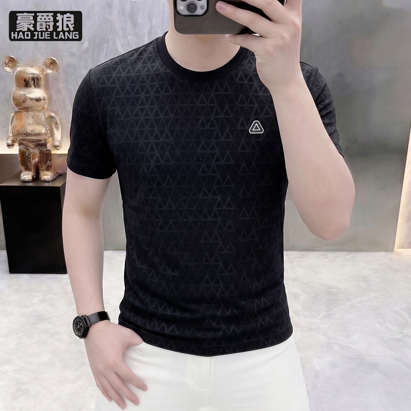 13502757.冰丝短袖T恤男夏季三角暗纹圆领半袖青年休闲百搭修身打底衫