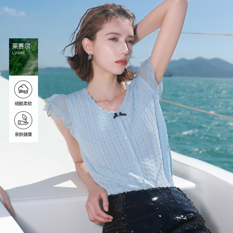 13504839.【莱赛尔】三彩ibudu2026夏季新款V领飞飞袖针织衫短袖套头上衣