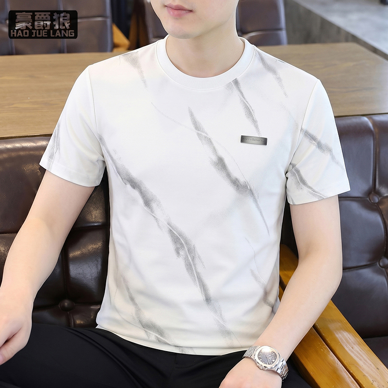 13502784.青年个性浅咖色线条印花男士短袖T恤修身弹力透气圆领休闲上衣潮