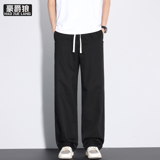 13502761.【100%纯棉】男士抽绳直筒休闲裤时尚夏季新款宽松松紧腰长裤