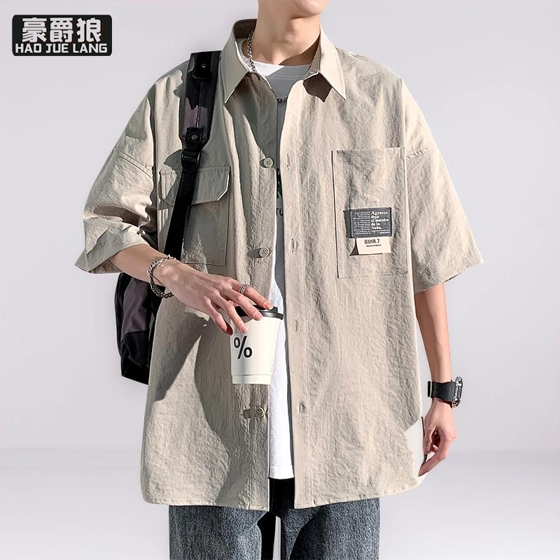 13502780.短袖衬衫男夏季冰丝衬衣男生上衣服潮牌潮流夏天休闲工装外套寸衫