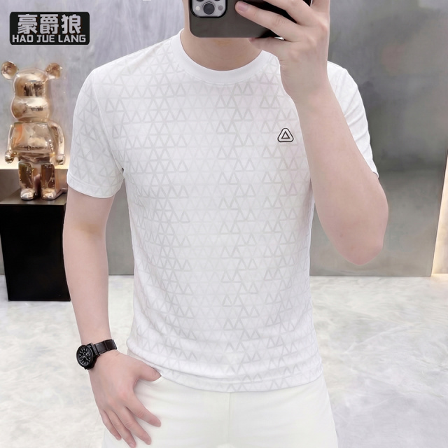 13502757.冰丝短袖T恤男夏季三角暗纹圆领半袖青年休闲百搭修身打底衫